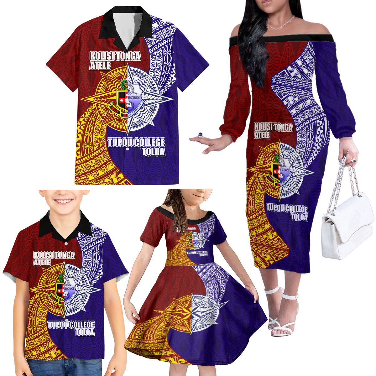 Kolisi Tonga Atele and Tupou College Toloa Family Matching Off The Shoulder Long Sleeve Dress and Hawaiian Shirt Ngatu and Polynesian Spiral Pattern LT03 - Polynesian Pride
