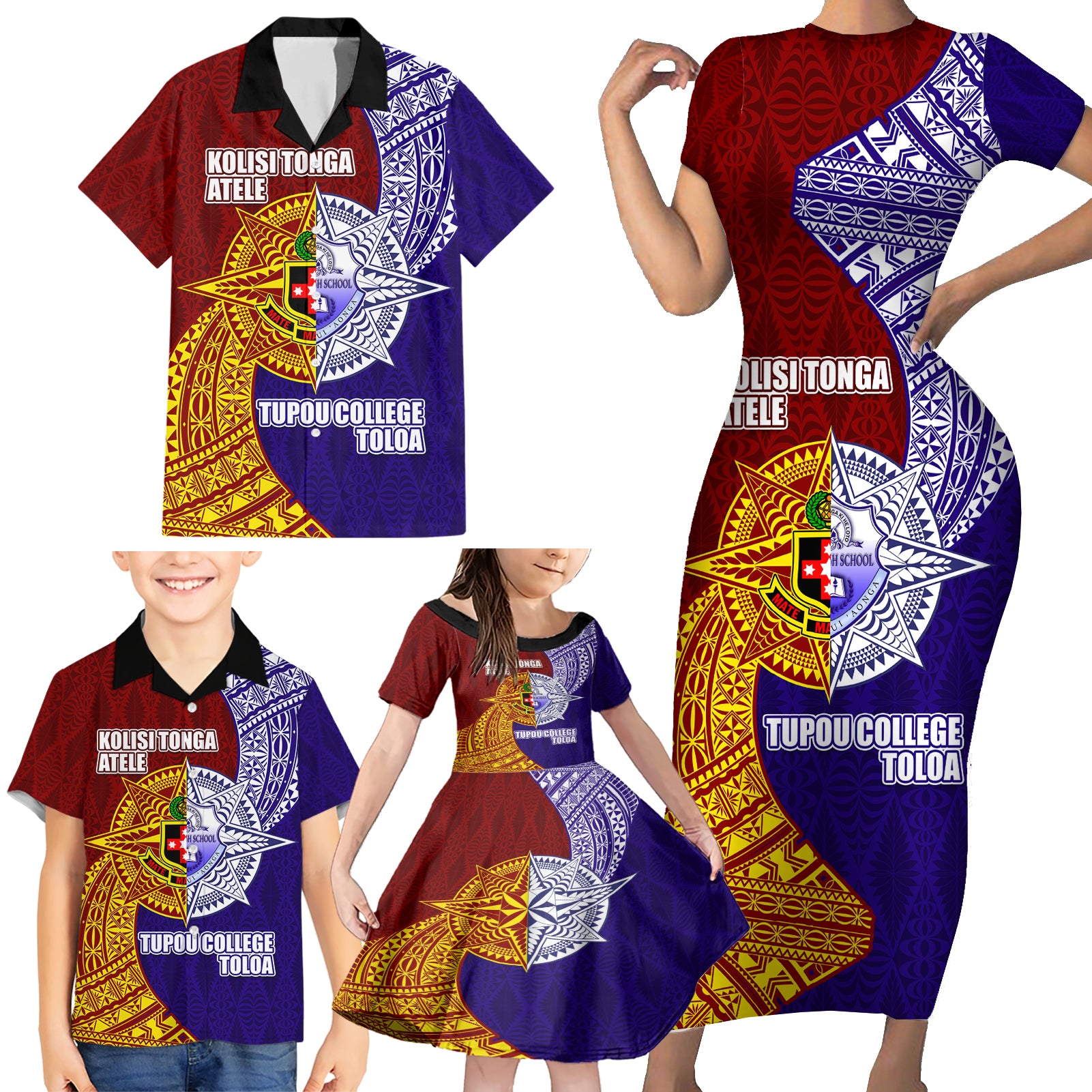 Kolisi Tonga Atele and Tupou College Toloa Family Matching Short Sleeve Bodycon Dress and Hawaiian Shirt Ngatu and Polynesian Spiral Pattern