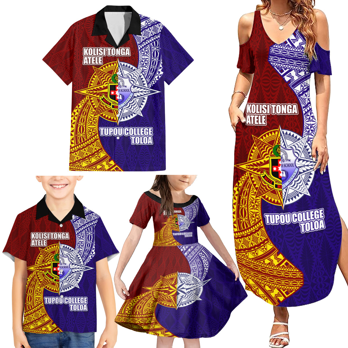 Kolisi Tonga Atele and Tupou College Toloa Family Matching Summer Maxi Dress and Hawaiian Shirt Ngatu and Polynesian Spiral Pattern LT03 - Polynesian Pride