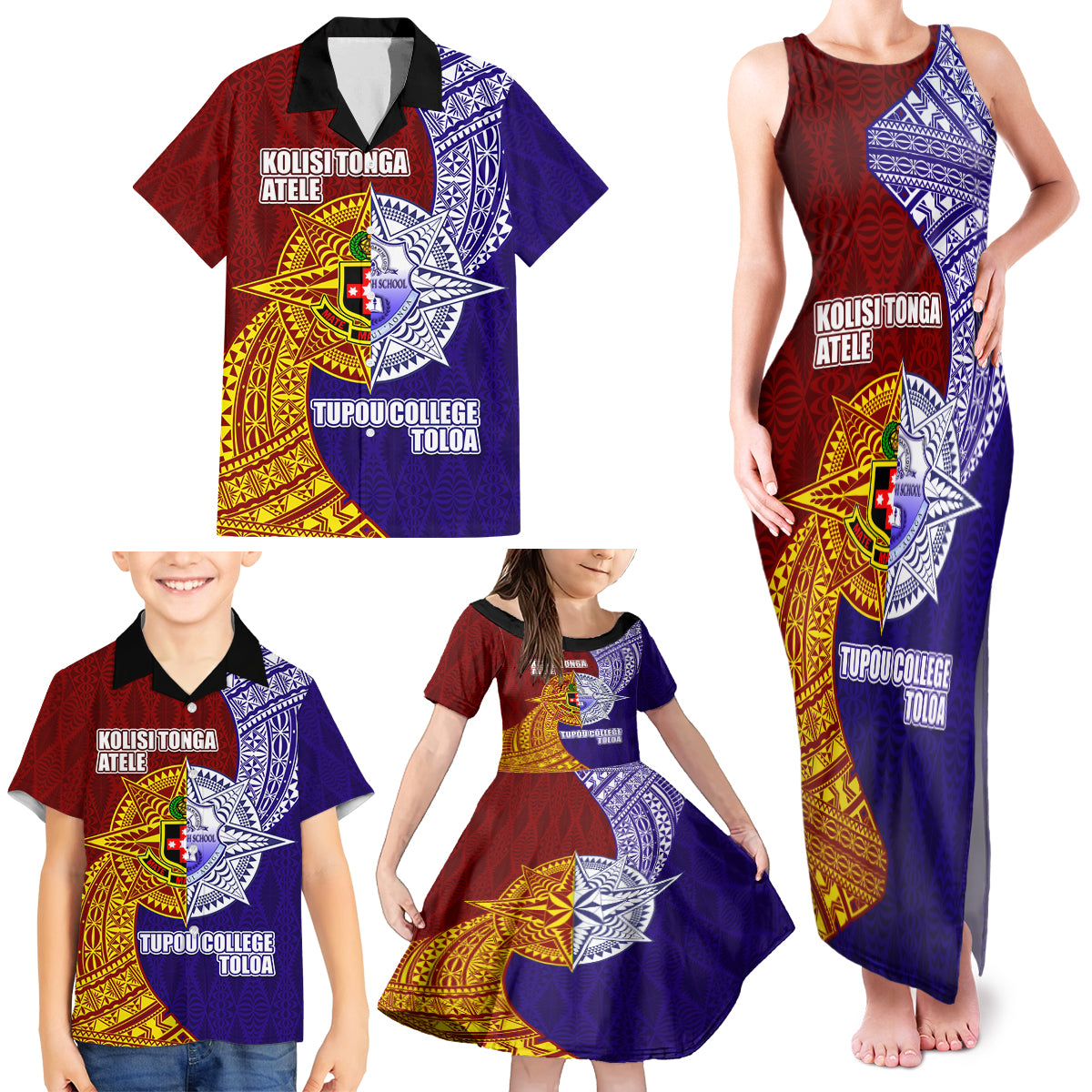 Kolisi Tonga Atele and Tupou College Toloa Family Matching Tank Maxi Dress and Hawaiian Shirt Ngatu and Polynesian Spiral Pattern LT03 - Polynesian Pride