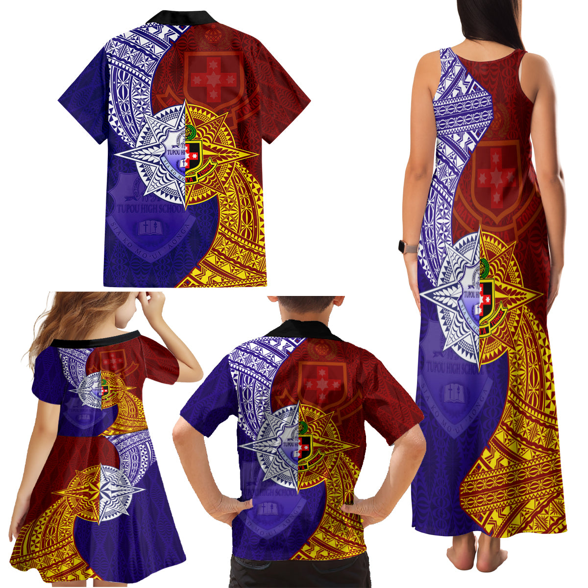 Kolisi Tonga Atele and Tupou College Toloa Family Matching Tank Maxi Dress and Hawaiian Shirt Ngatu and Polynesian Spiral Pattern