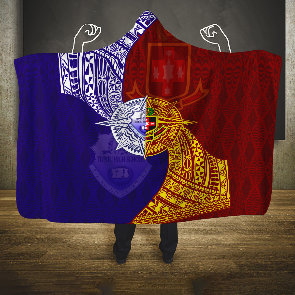 Kolisi Tonga Atele and Tupou College Toloa Hooded Blanket Ngatu and Polynesian Spiral Pattern LT03 One Size Red - Polynesian Pride