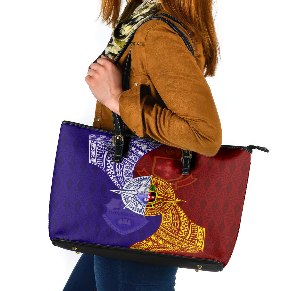 Kolisi Tonga Atele and Tupou College Toloa Leather Tote Bag Ngatu and Polynesian Spiral Pattern LT03 Red - Polynesian Pride