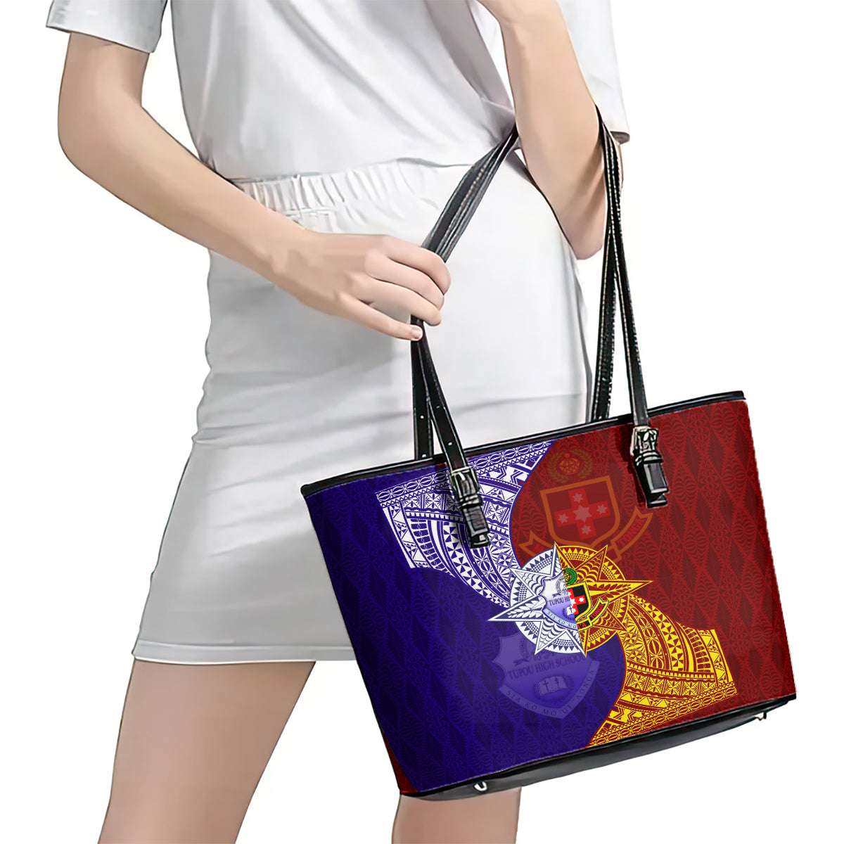 Kolisi Tonga Atele and Tupou College Toloa Leather Tote Bag Ngatu and Polynesian Spiral Pattern LT03 - Polynesian Pride
