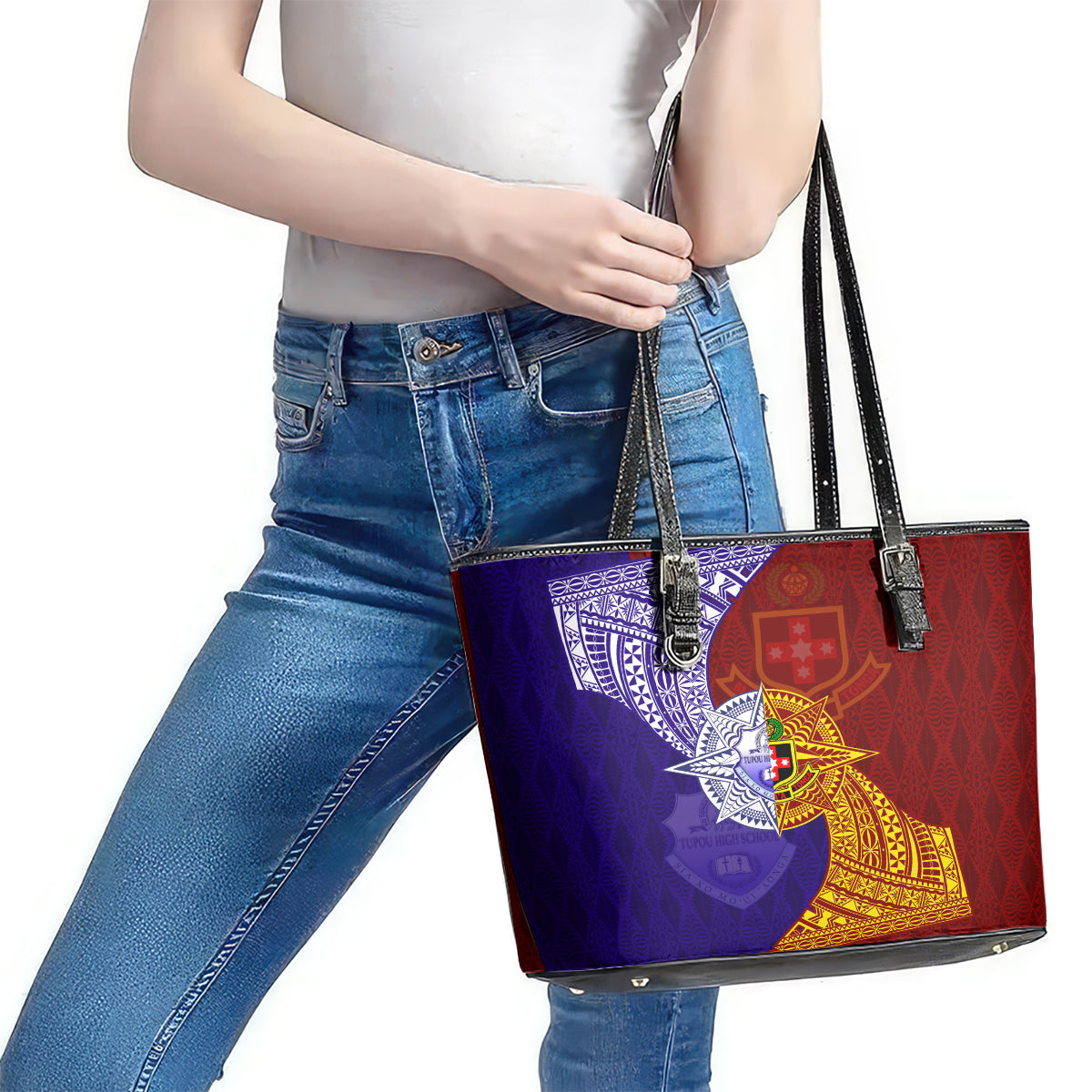 Kolisi Tonga Atele and Tupou College Toloa Leather Tote Bag Ngatu and Polynesian Spiral Pattern LT03 - Polynesian Pride