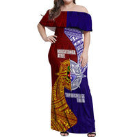 Kolisi Tonga Atele and Tupou College Toloa Off Shoulder Maxi Dress Ngatu and Polynesian Spiral Pattern LT03 Women Red - Polynesian Pride