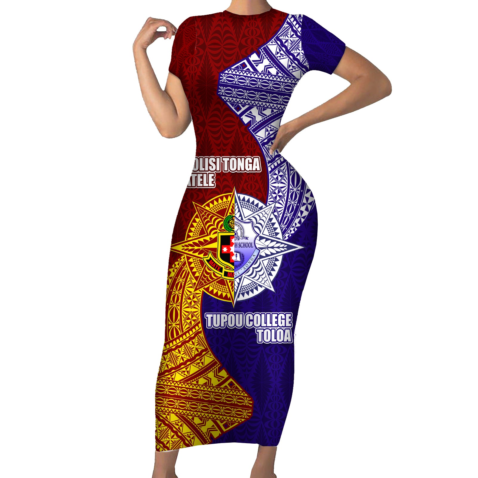 Kolisi Tonga Atele and Tupou College Toloa Short Sleeve Bodycon Dress Ngatu and Polynesian Spiral Pattern