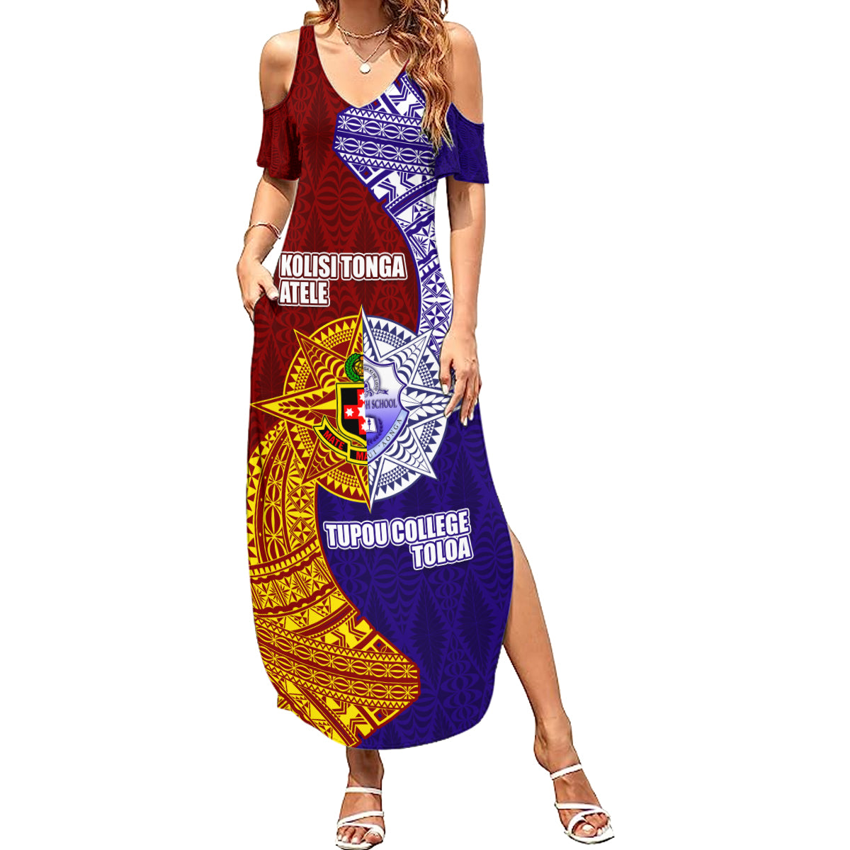 Kolisi Tonga Atele and Tupou College Toloa Summer Maxi Dress Ngatu and Polynesian Spiral Pattern