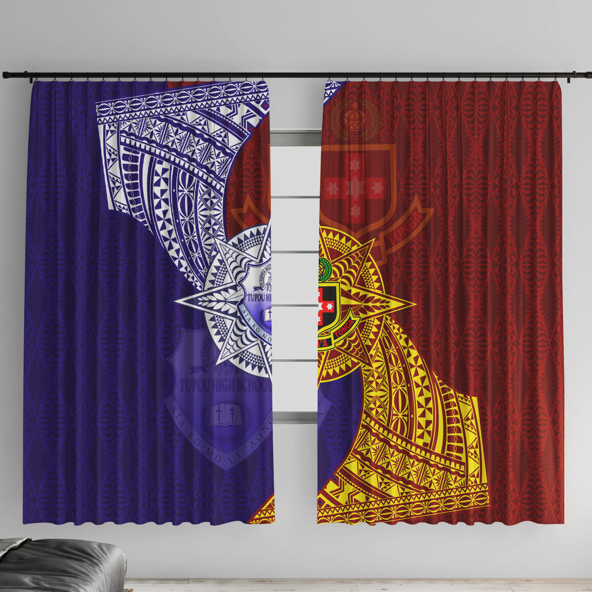 Kolisi Tonga Atele and Tupou College Toloa Window Curtain Ngatu and Polynesian Spiral Pattern