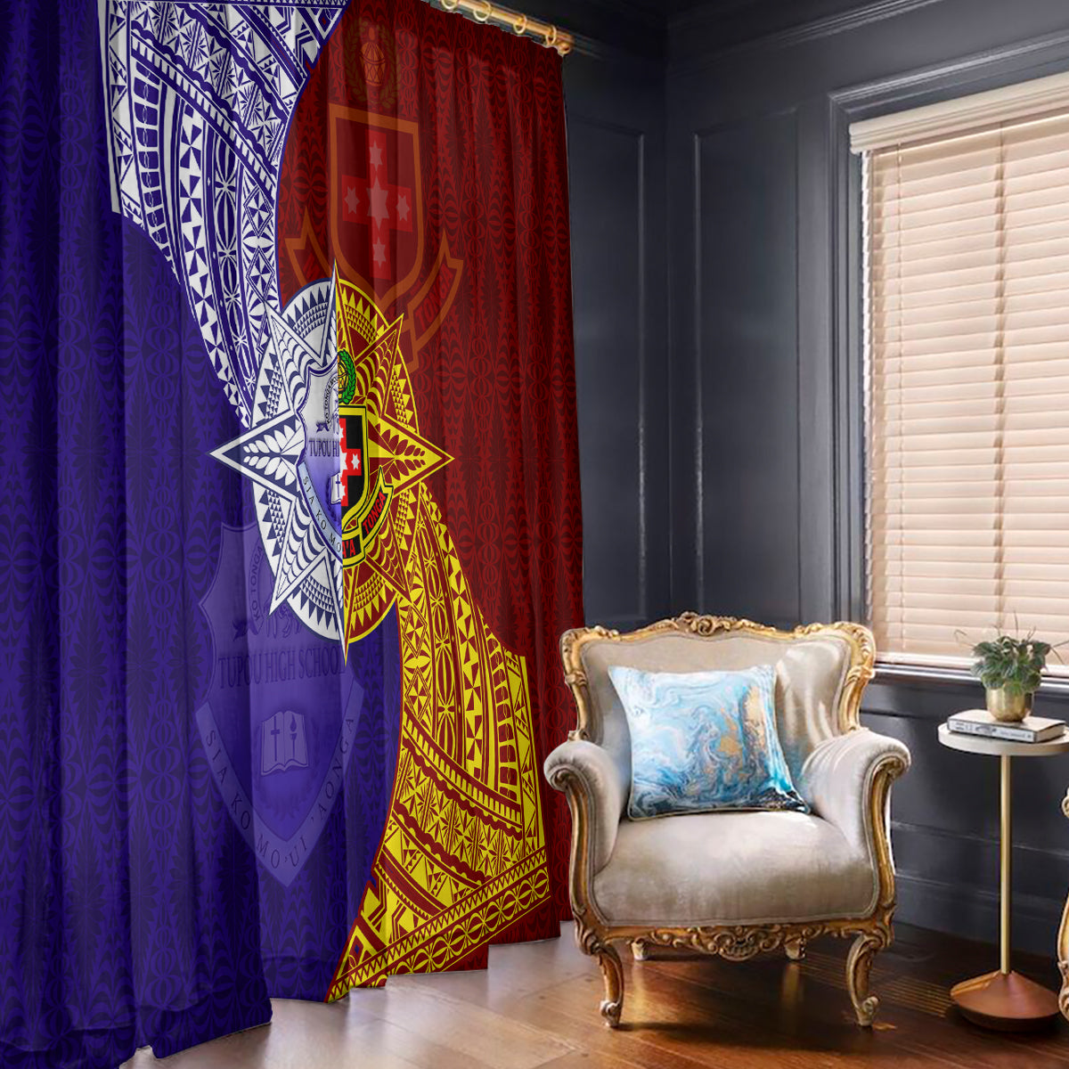 Kolisi Tonga Atele and Tupou College Toloa Window Curtain Ngatu and Polynesian Spiral Pattern LT03 - Polynesian Pride