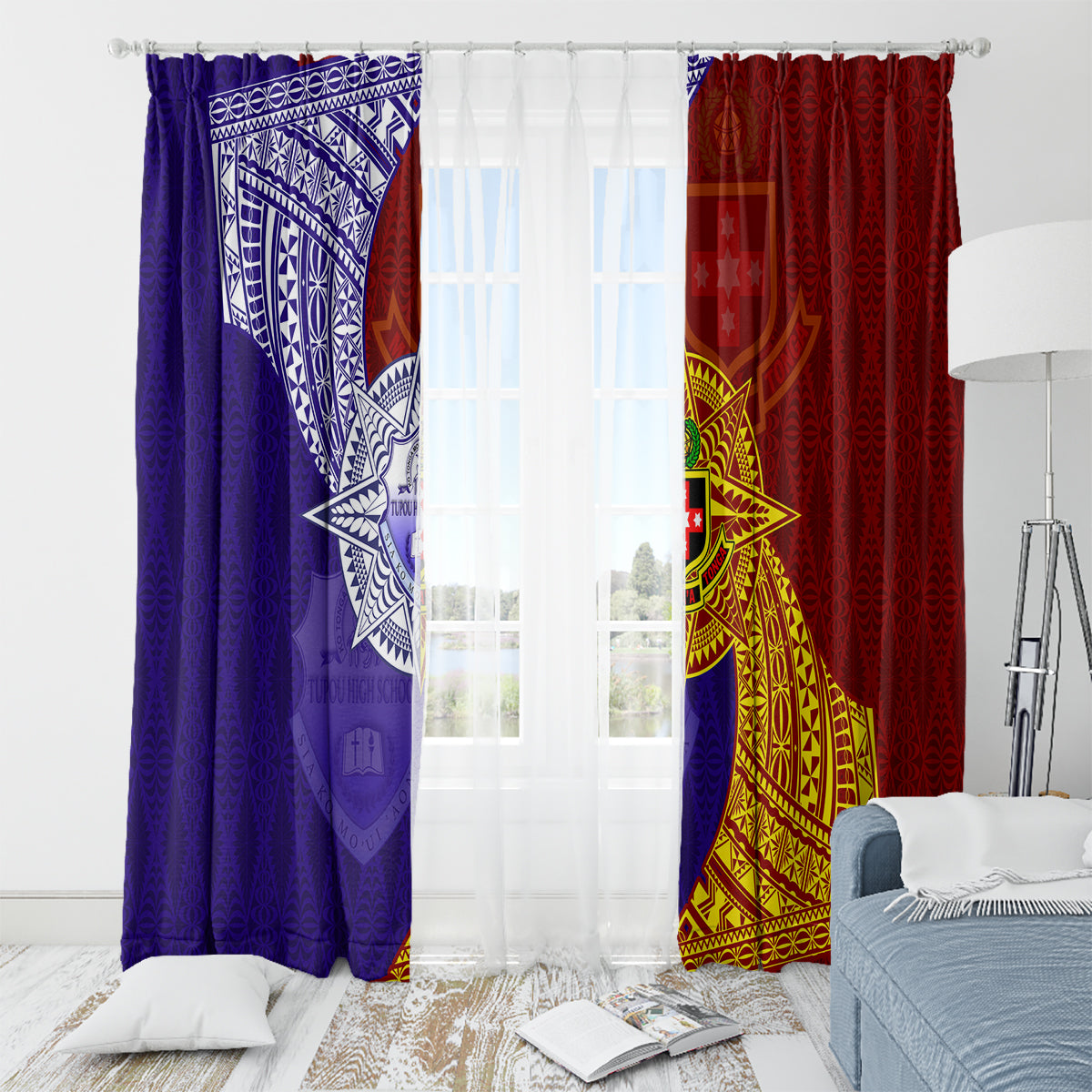 Kolisi Tonga Atele and Tupou College Toloa Window Curtain Ngatu and Polynesian Spiral Pattern LT03 - Polynesian Pride