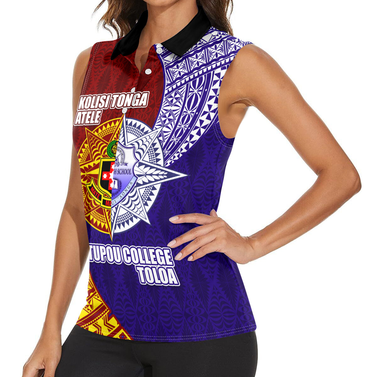 Kolisi Tonga Atele and Tupou College Toloa Women Sleeveless Polo Shirt Ngatu and Polynesian Spiral Pattern