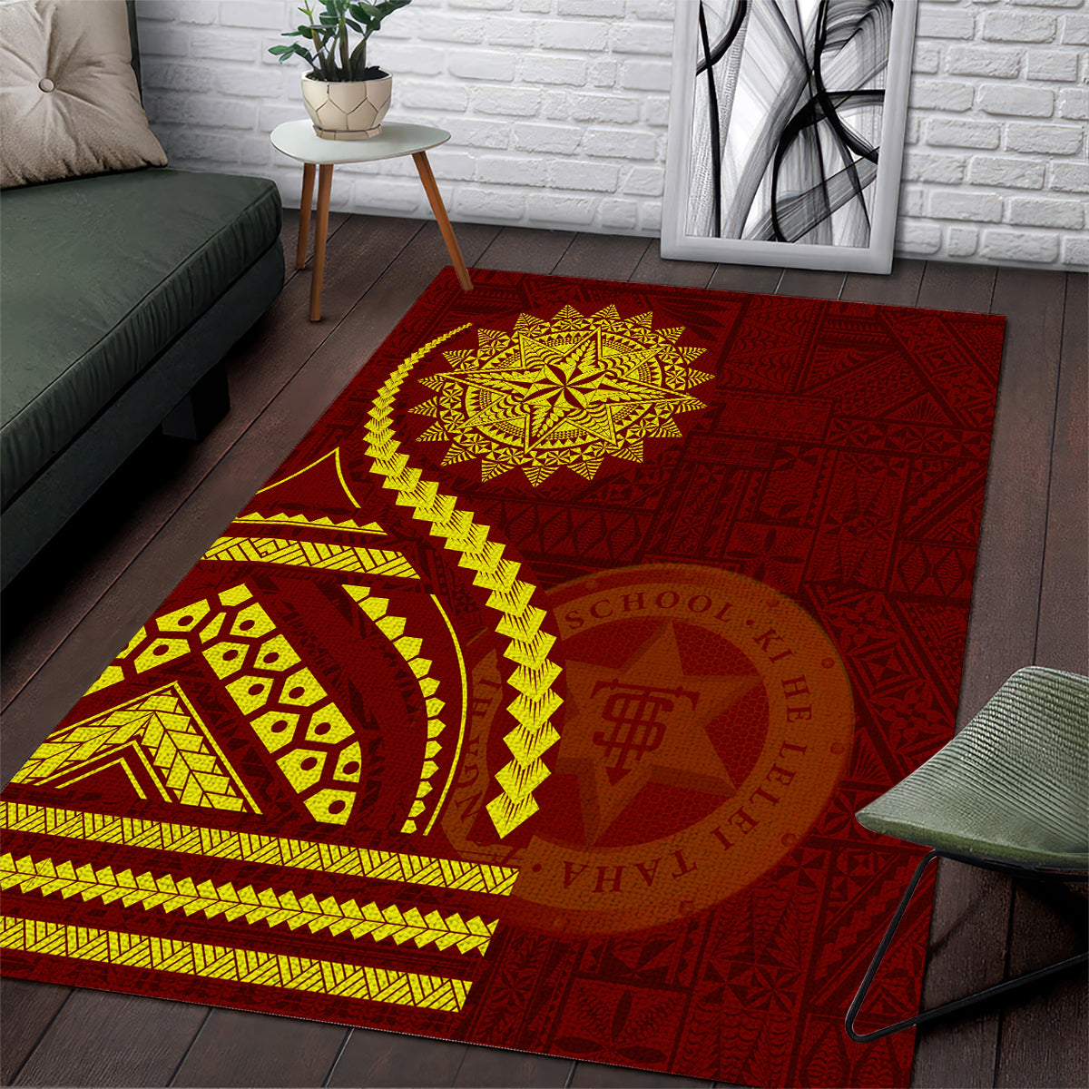 Tonga High School Area Rug Ngatu and Polynesian Pattern