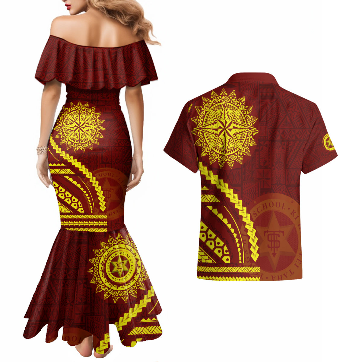 Tonga High School Couples Matching Mermaid Dress and Hawaiian Shirt Ngatu and Polynesian Pattern