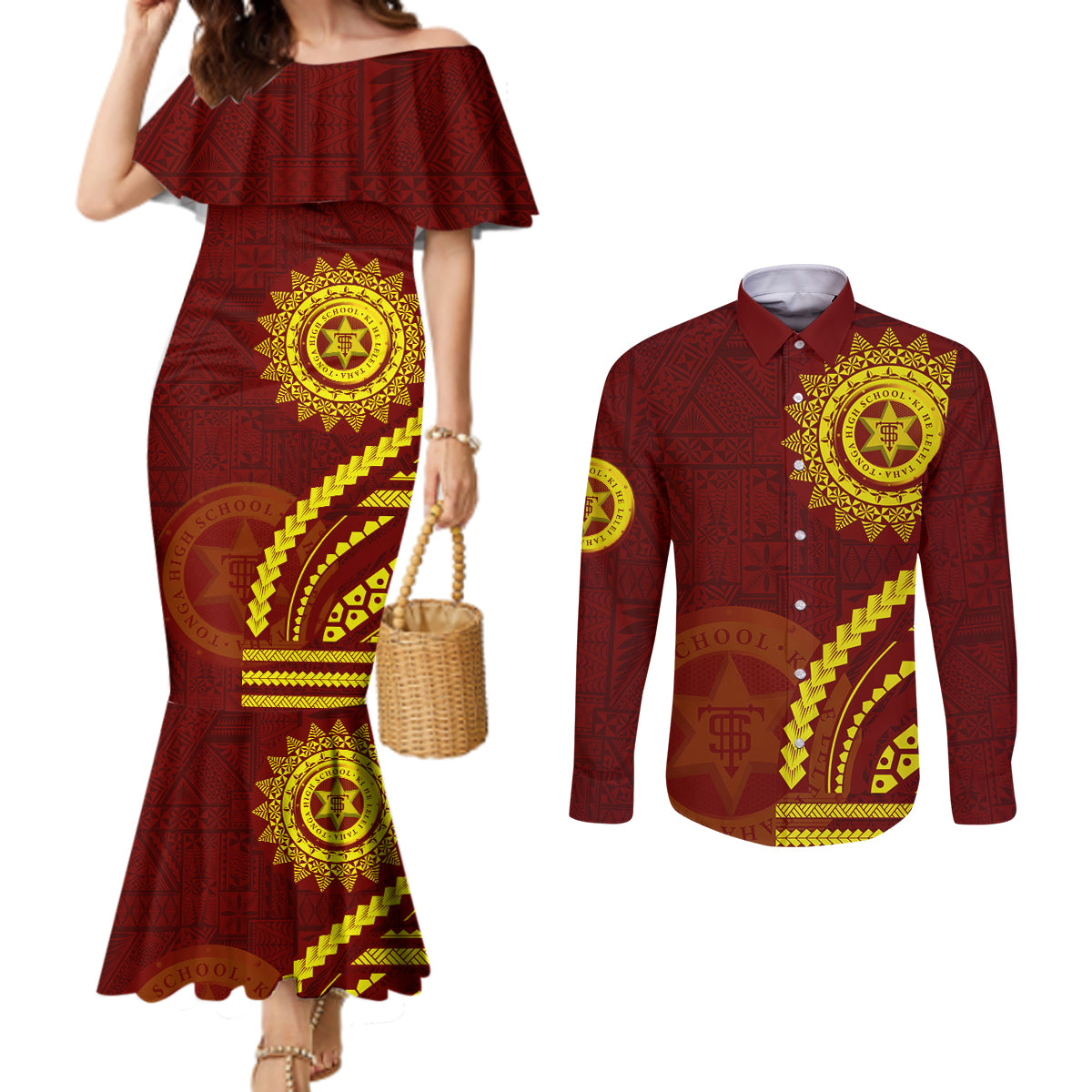 Tonga High School Couples Matching Mermaid Dress and Long Sleeve Button Shirt Ngatu and Polynesian Pattern