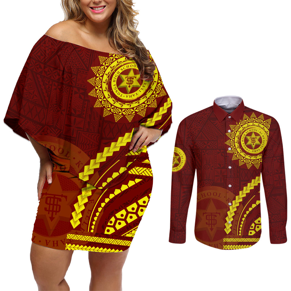 Tonga High School Couples Matching Off Shoulder Short Dress and Long Sleeve Button Shirt Ngatu and Polynesian Pattern