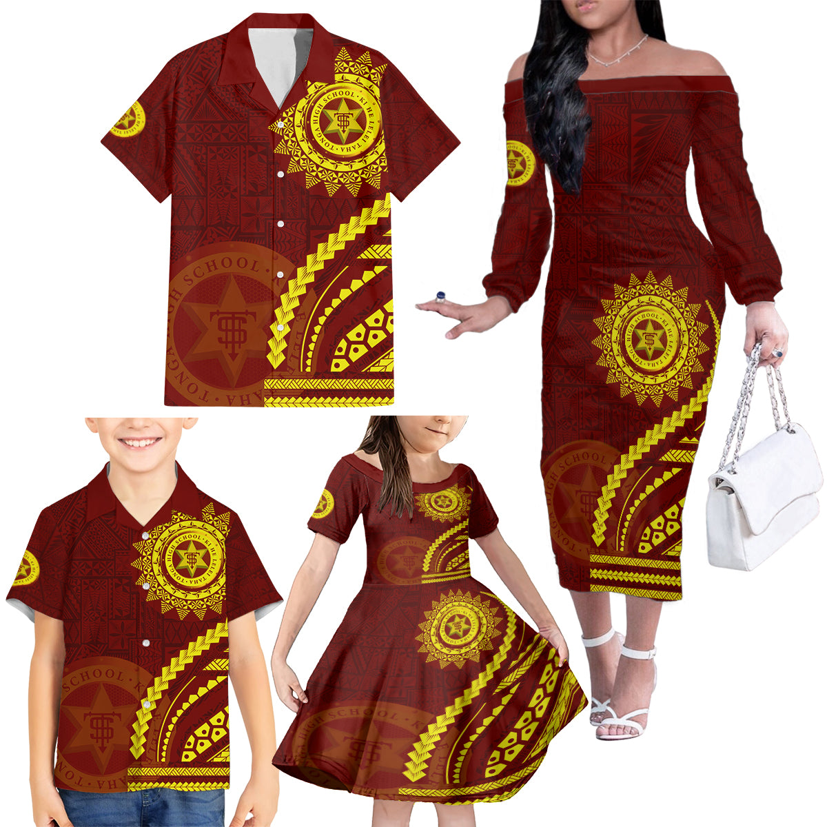 Tonga High School Family Matching Off The Shoulder Long Sleeve Dress and Hawaiian Shirt Ngatu and Polynesian Pattern