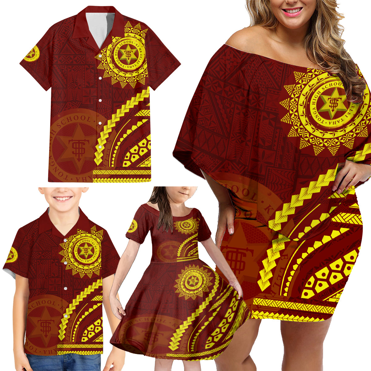 Tonga High School Family Matching Off Shoulder Short Dress and Hawaiian Shirt Ngatu and Polynesian Pattern