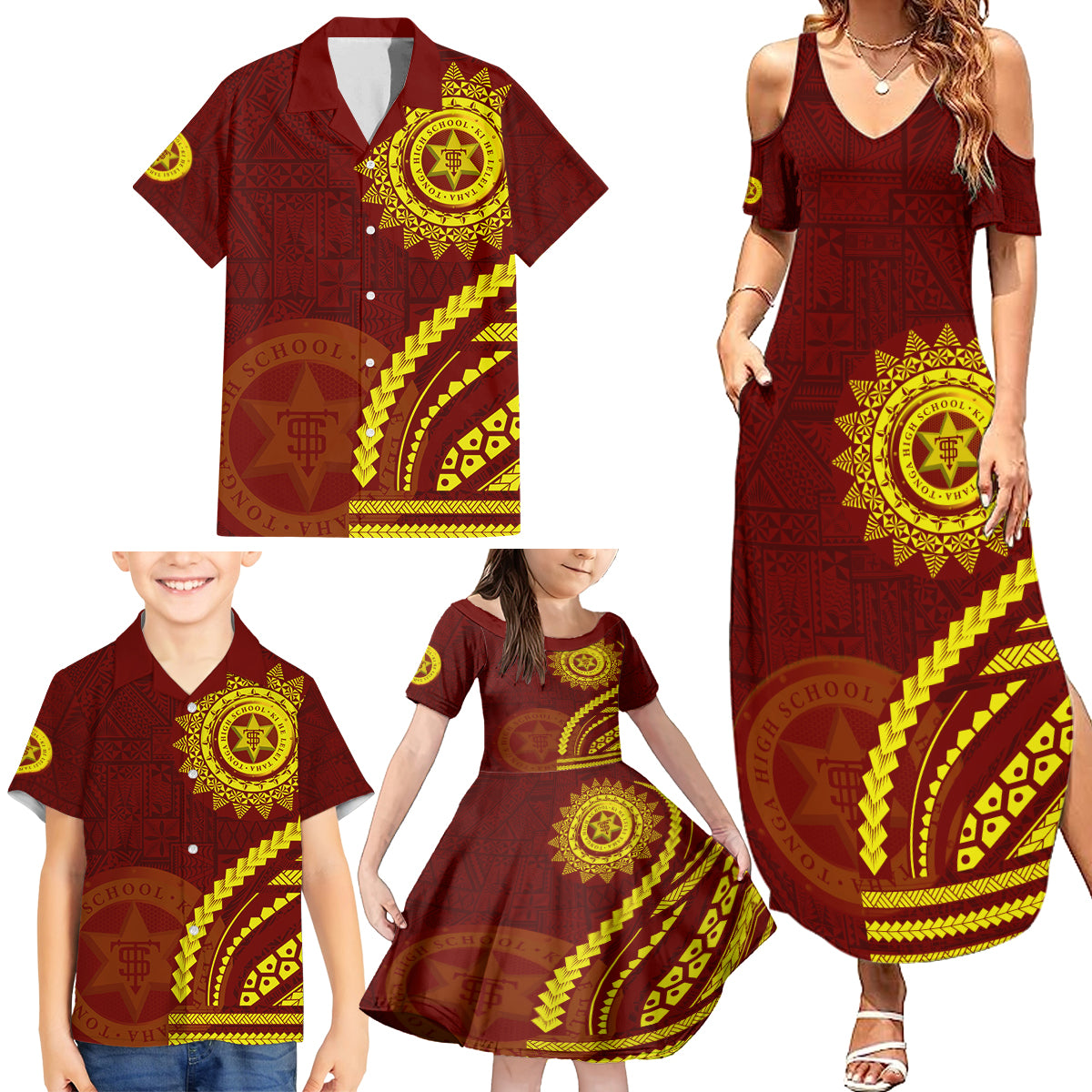 Tonga High School Family Matching Summer Maxi Dress and Hawaiian Shirt Ngatu and Polynesian Pattern