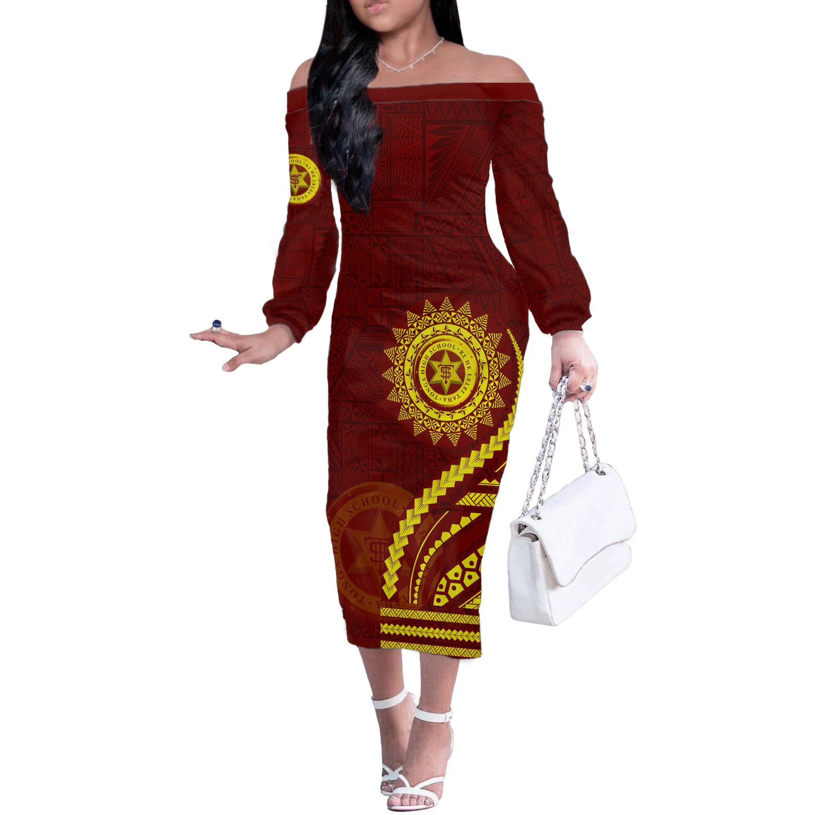 Tonga High School Off The Shoulder Long Sleeve Dress Ngatu and Polynesian Pattern