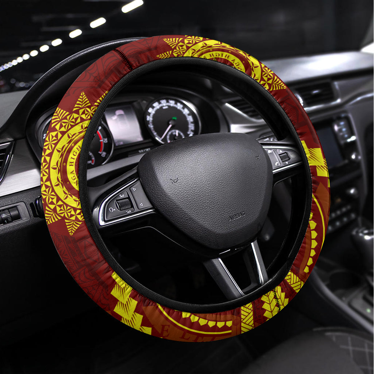 Tonga High School Steering Wheel Cover Ngatu and Polynesian Pattern