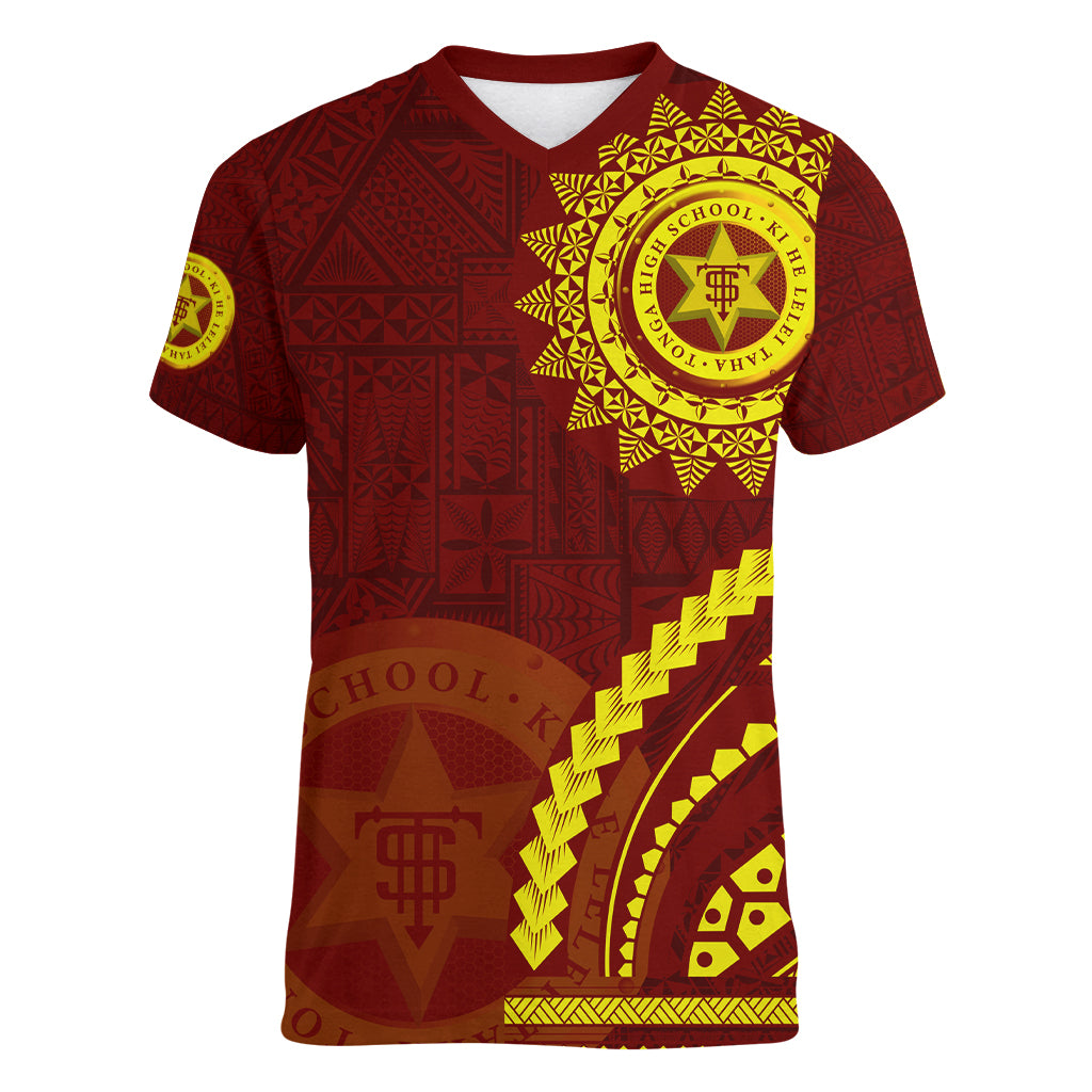 Tonga High School Women V-Neck T-Shirt Ngatu and Polynesian Pattern