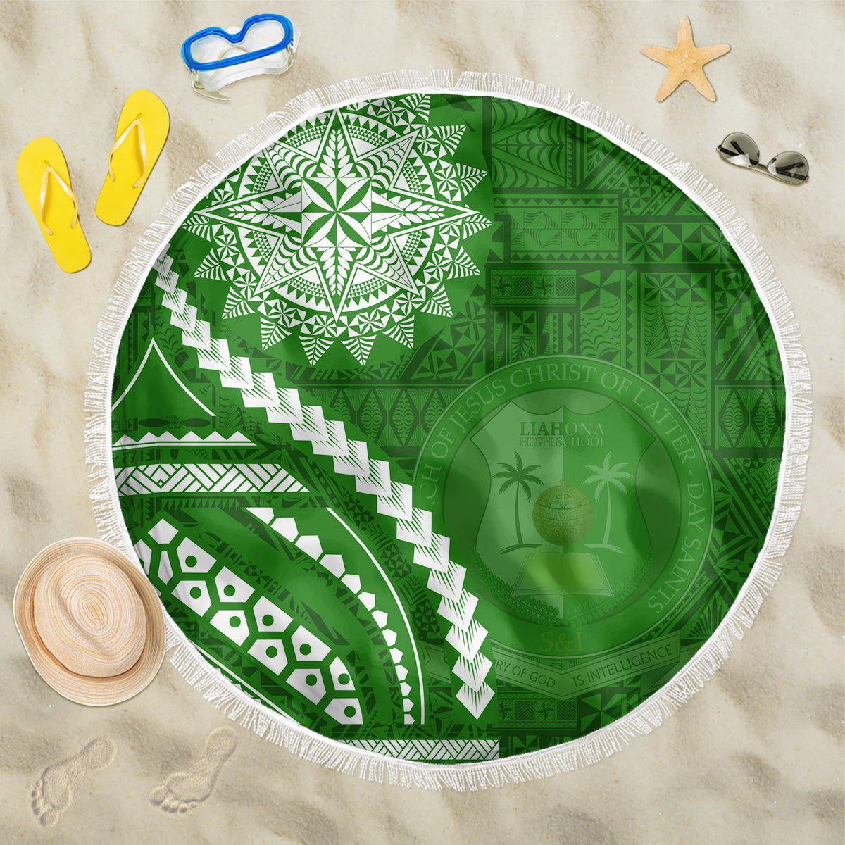 Liahona High School Beach Blanket Ngatu and Polynesian Pattern LT03 One Size 150cm Green - Polynesian Pride