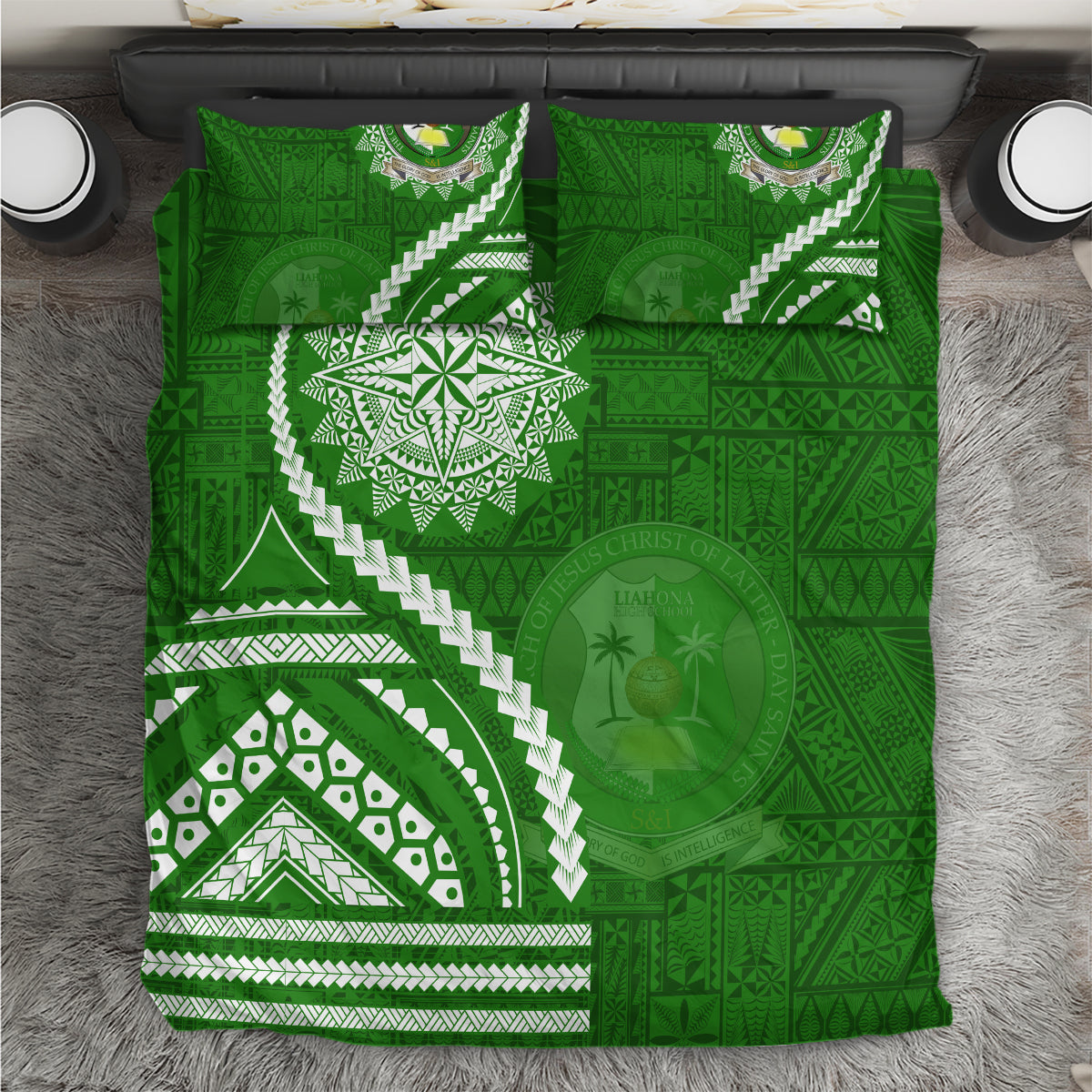 Liahona High School Bedding Set Ngatu and Polynesian Pattern LT03 Green - Polynesian Pride