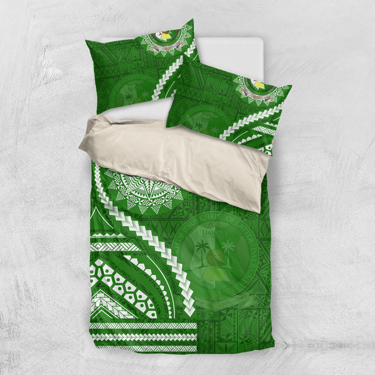 Liahona High School Bedding Set Ngatu and Polynesian Pattern LT03 US Twin 172cm x 218cm Green - Polynesian Pride