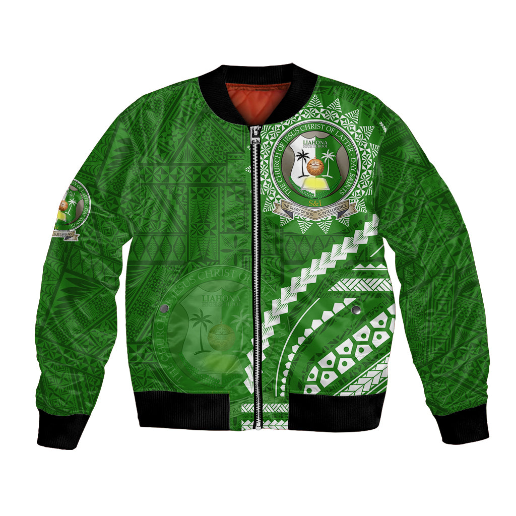 Liahona High School Bomber Jacket Ngatu and Polynesian Pattern LT03 Unisex Green - Polynesian Pride