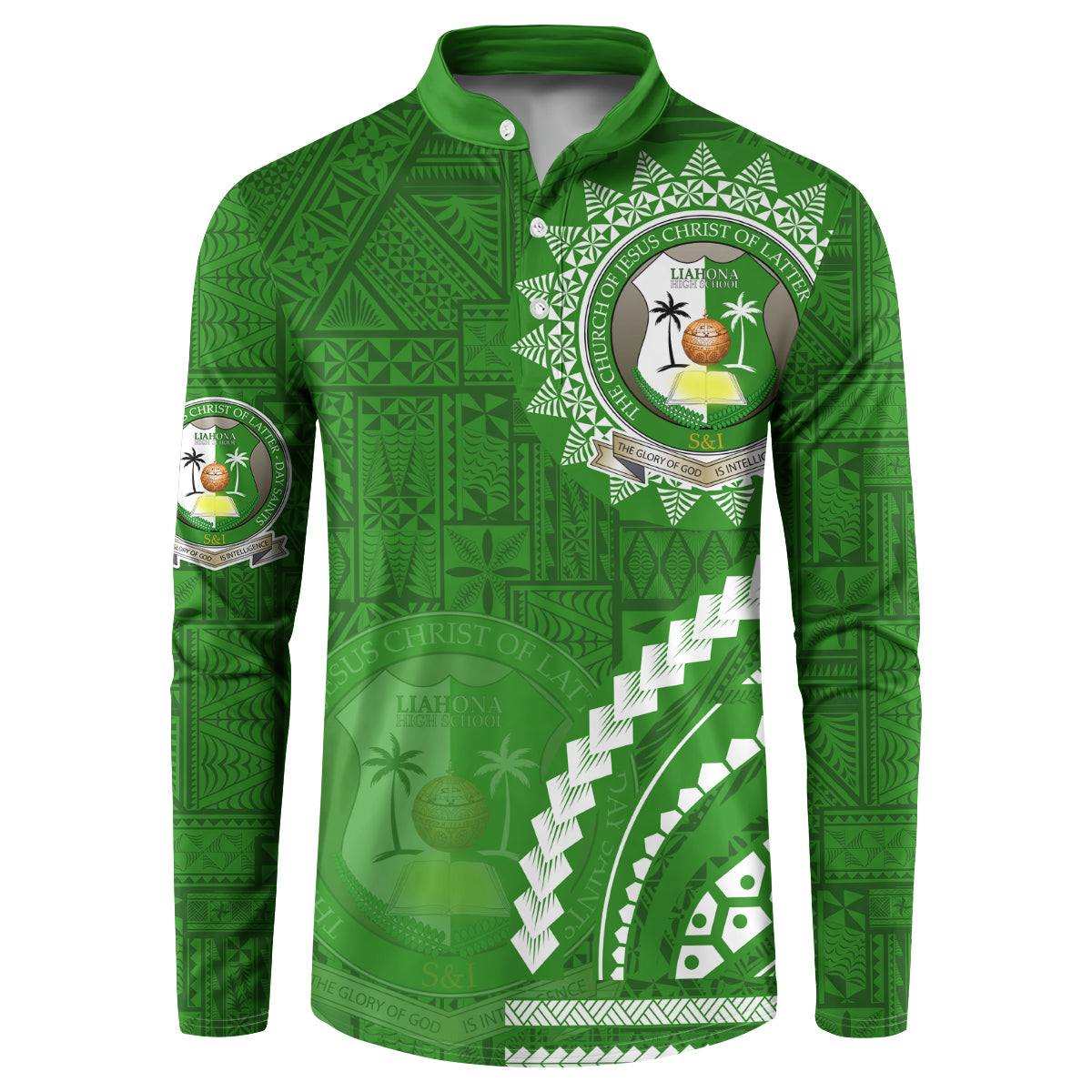 Liahona High School Button Sweatshirt Ngatu and Polynesian Pattern LT03 Green - Polynesian Pride