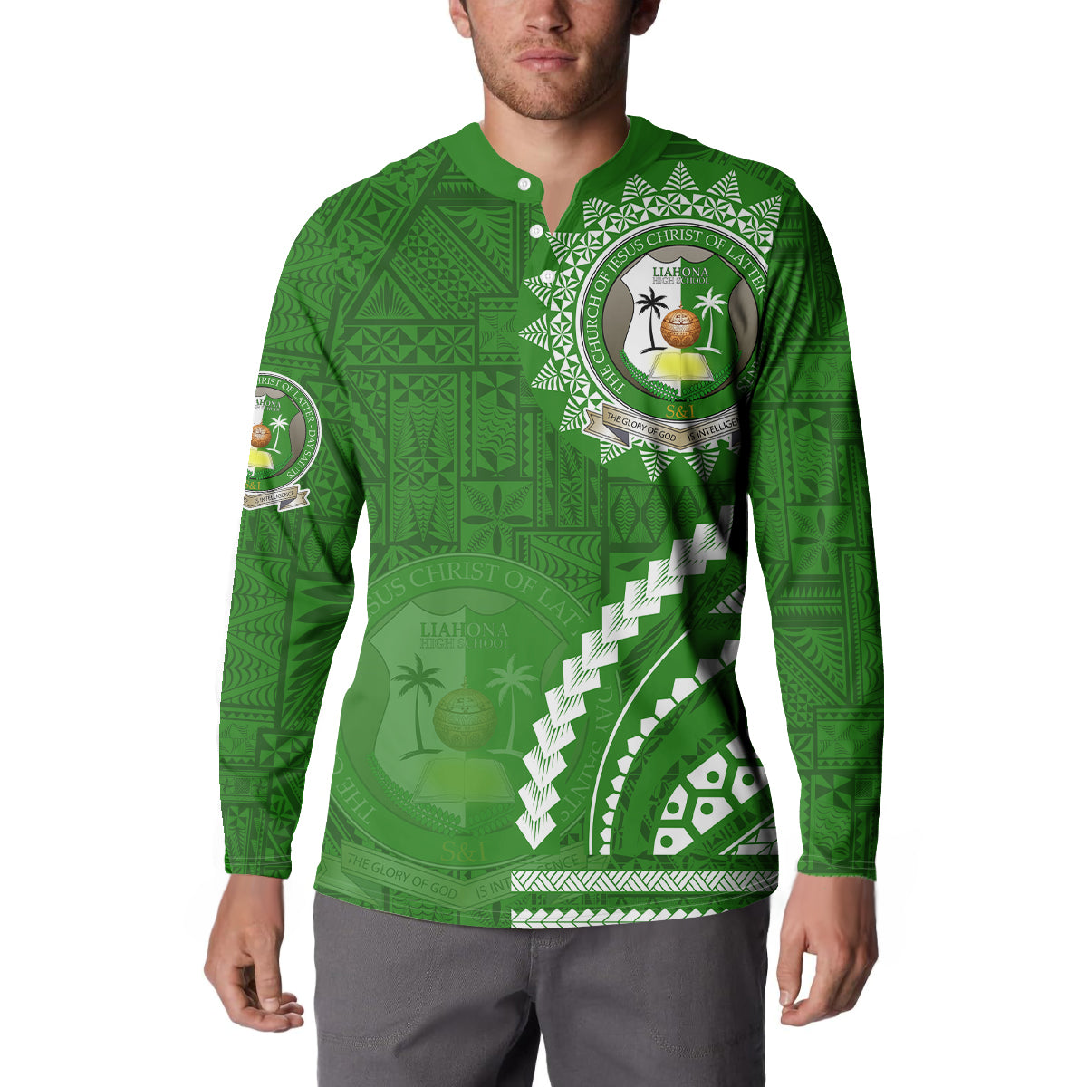 Liahona High School Button Sweatshirt Ngatu and Polynesian Pattern LT03 - Polynesian Pride