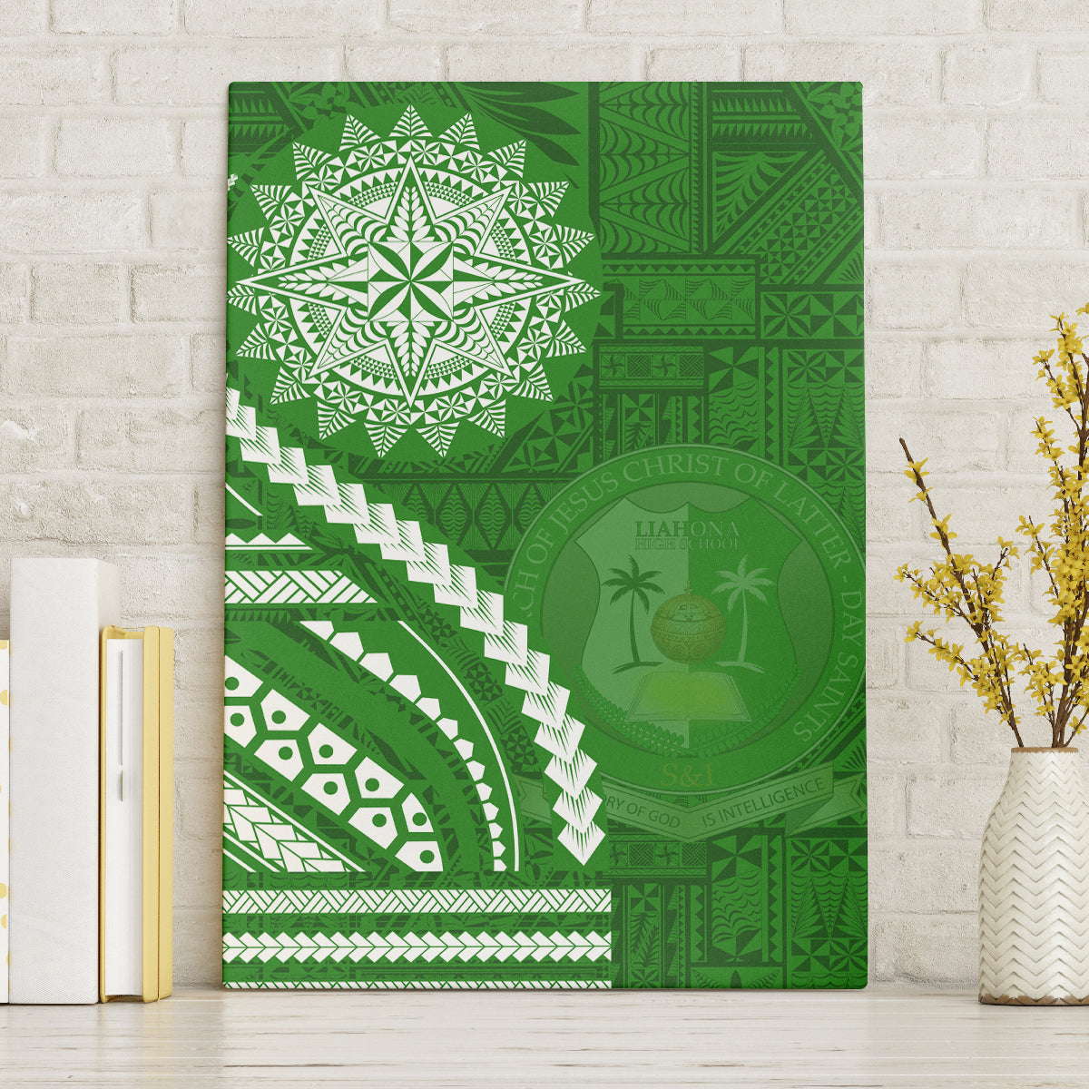 Liahona High School Canvas Wall Art Ngatu and Polynesian Pattern LT03 Without Frame Green - Polynesian Pride