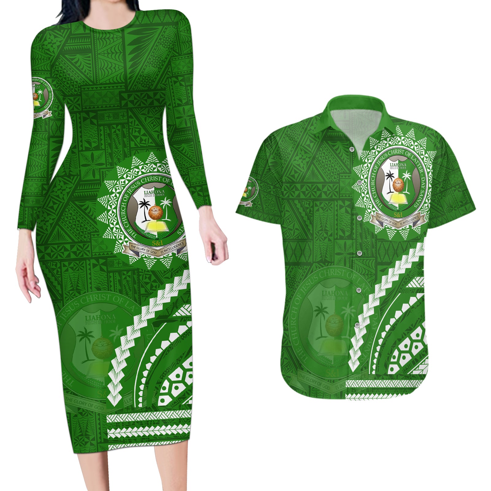Liahona High School Couples Matching Long Sleeve Bodycon Dress and Hawaiian Shirt Ngatu and Polynesian Pattern LT03 Green - Polynesian Pride