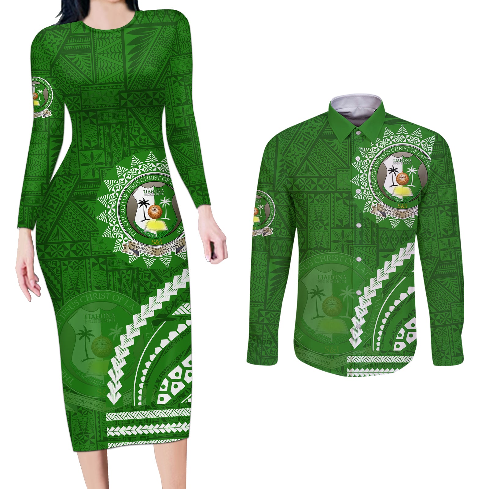Liahona High School Couples Matching Long Sleeve Bodycon Dress and Long Sleeve Button Shirt Ngatu and Polynesian Pattern LT03 Green - Polynesian Pride