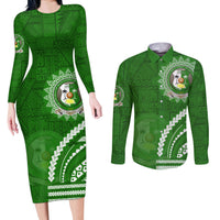 Liahona High School Couples Matching Long Sleeve Bodycon Dress and Long Sleeve Button Shirt Ngatu and Polynesian Pattern LT03 Green - Polynesian Pride