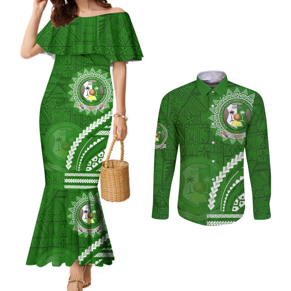 Liahona High School Couples Matching Mermaid Dress and Long Sleeve Button Shirt Ngatu and Polynesian Pattern LT03 Green - Polynesian Pride