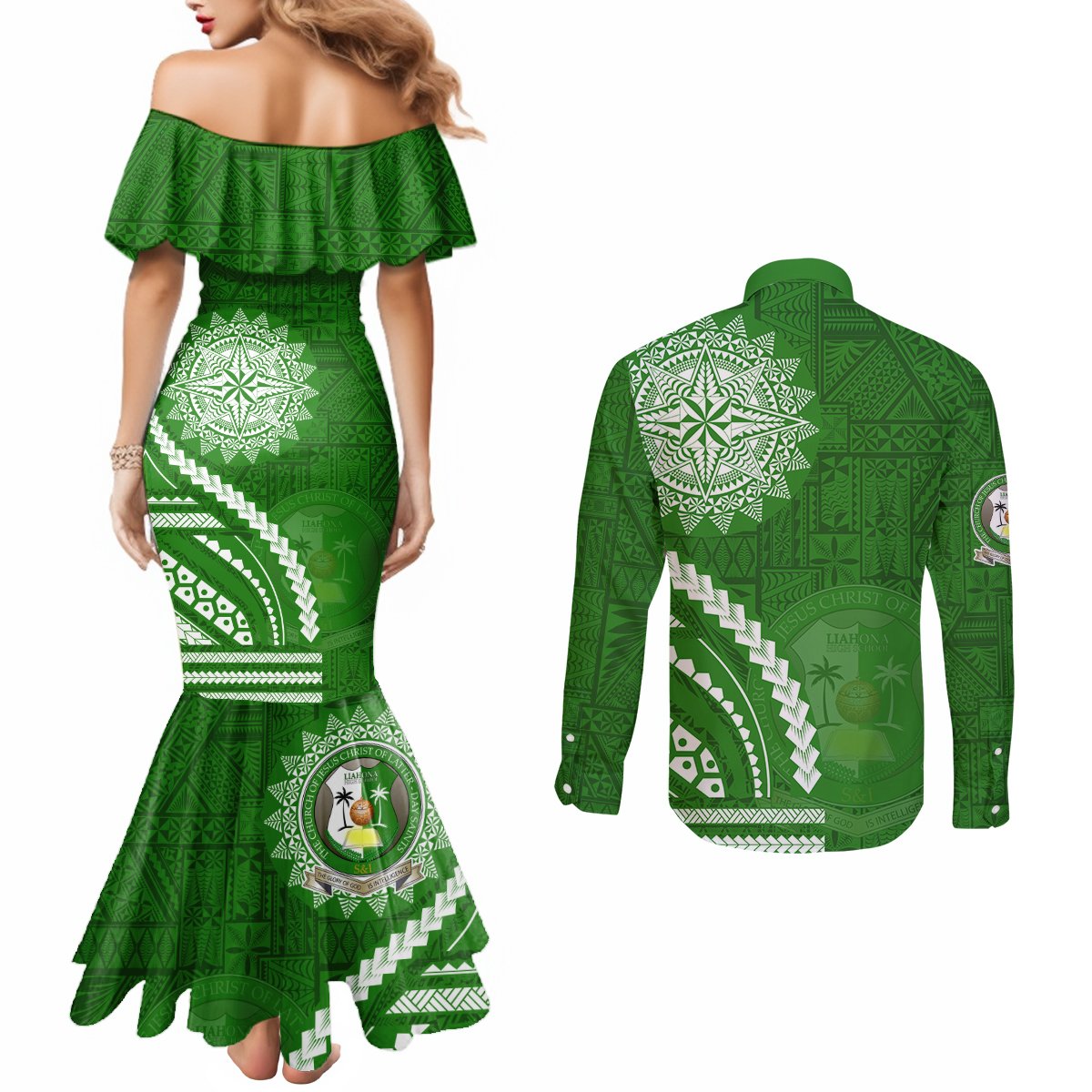 Liahona High School Couples Matching Mermaid Dress and Long Sleeve Button Shirt Ngatu and Polynesian Pattern LT03 - Polynesian Pride