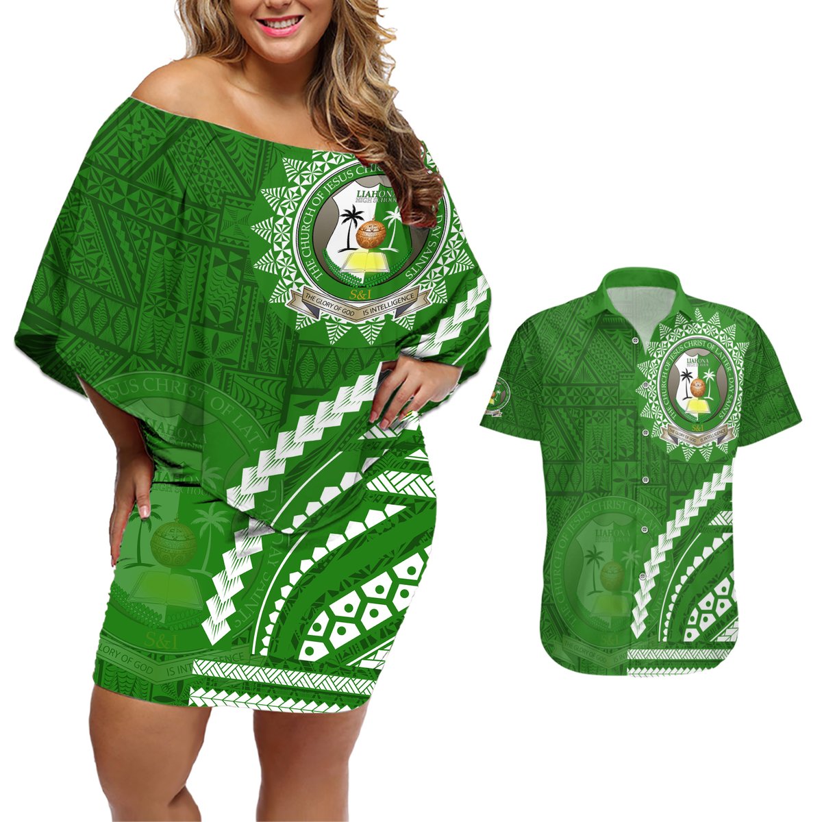 Liahona High School Couples Matching Off Shoulder Short Dress and Hawaiian Shirt Ngatu and Polynesian Pattern LT03 Green - Polynesian Pride