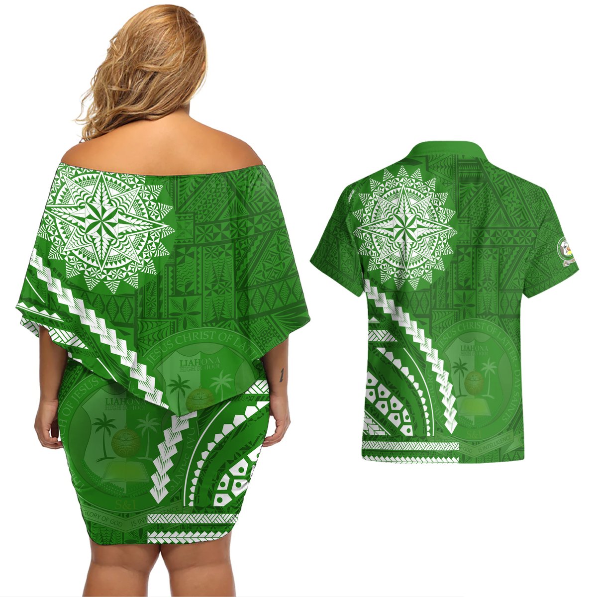 Liahona High School Couples Matching Off Shoulder Short Dress and Hawaiian Shirt Ngatu and Polynesian Pattern LT03 - Polynesian Pride