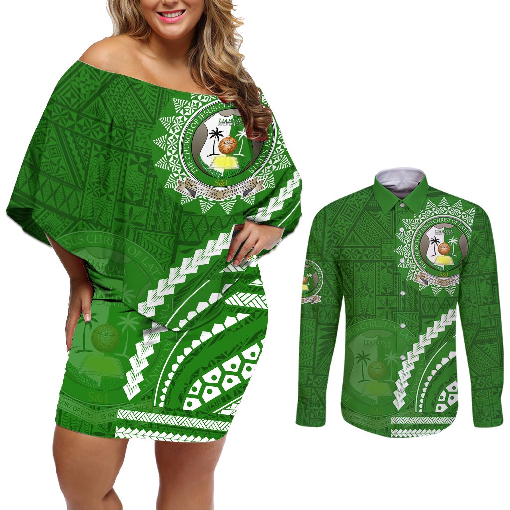 Liahona High School Couples Matching Off Shoulder Short Dress and Long Sleeve Button Shirt Ngatu and Polynesian Pattern LT03 Green - Polynesian Pride