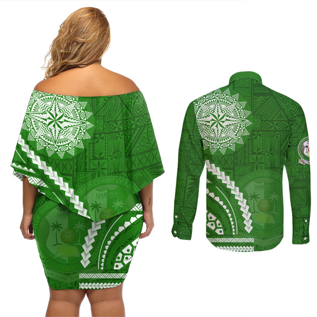 Liahona High School Couples Matching Off Shoulder Short Dress and Long Sleeve Button Shirt Ngatu and Polynesian Pattern LT03 - Polynesian Pride