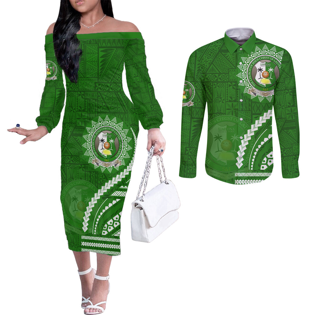 Liahona High School Couples Matching Off The Shoulder Long Sleeve Dress and Long Sleeve Button Shirt Ngatu and Polynesian Pattern LT03 Green - Polynesian Pride