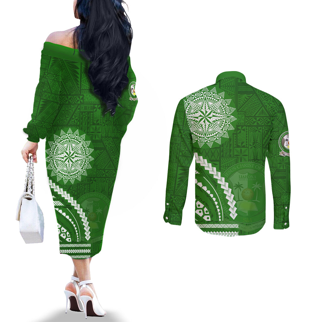 Liahona High School Couples Matching Off The Shoulder Long Sleeve Dress and Long Sleeve Button Shirt Ngatu and Polynesian Pattern LT03 - Polynesian Pride