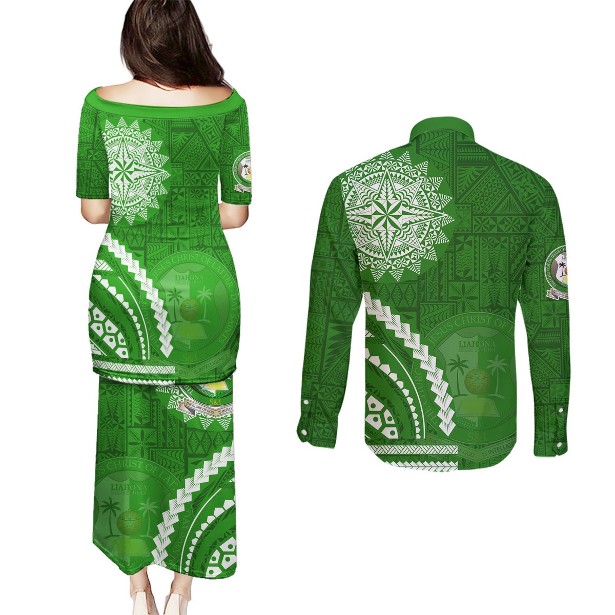 Liahona High School Couples Matching Puletasi and Long Sleeve Button Shirt Ngatu and Polynesian Pattern LT03 - Polynesian Pride