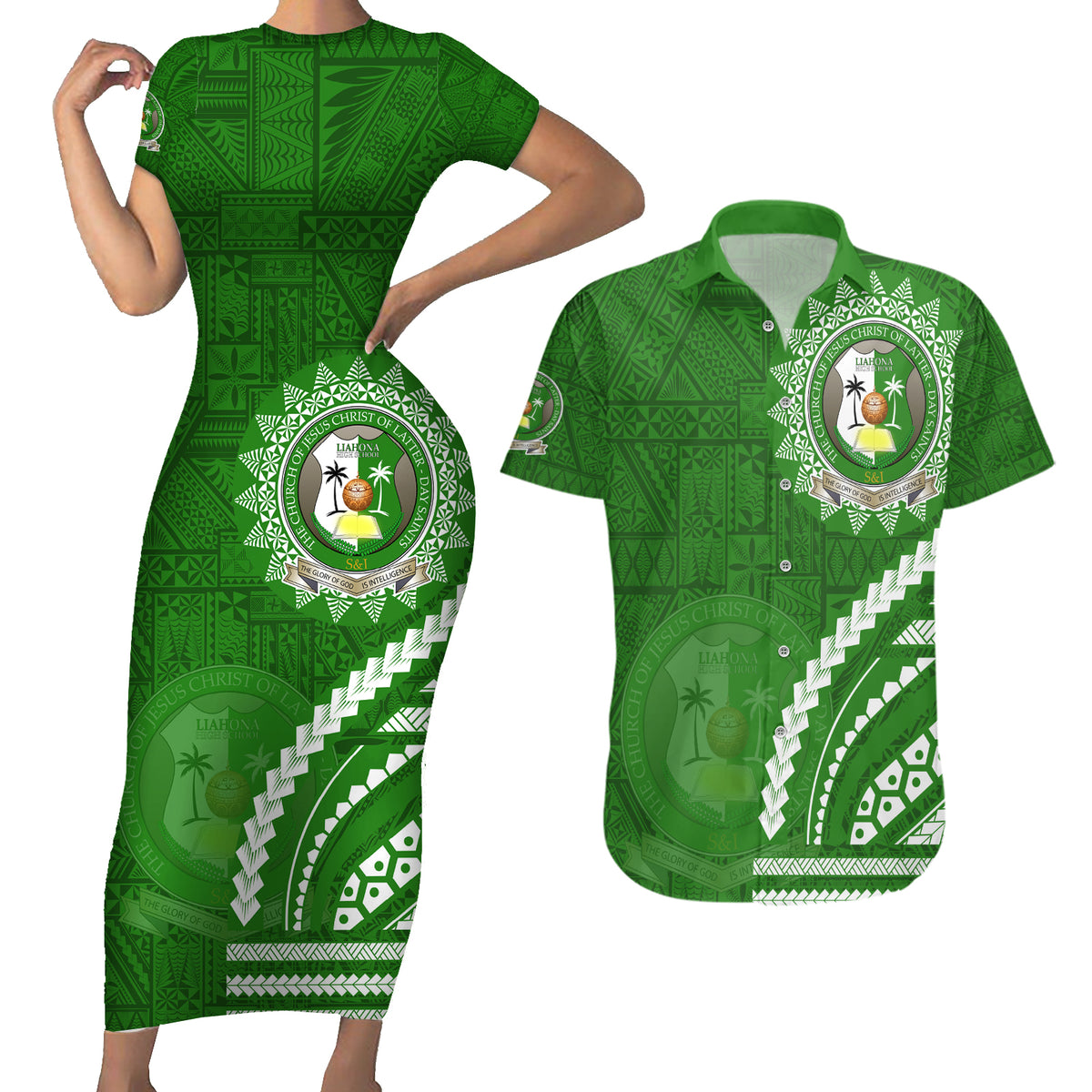 Liahona High School Couples Matching Short Sleeve Bodycon Dress and Hawaiian Shirt Ngatu and Polynesian Pattern LT03 Green - Polynesian Pride