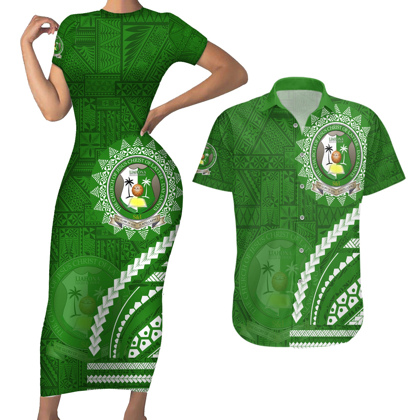 Liahona High School Couples Matching Short Sleeve Bodycon Dress and Hawaiian Shirt Ngatu and Polynesian Pattern LT03 Green - Polynesian Pride