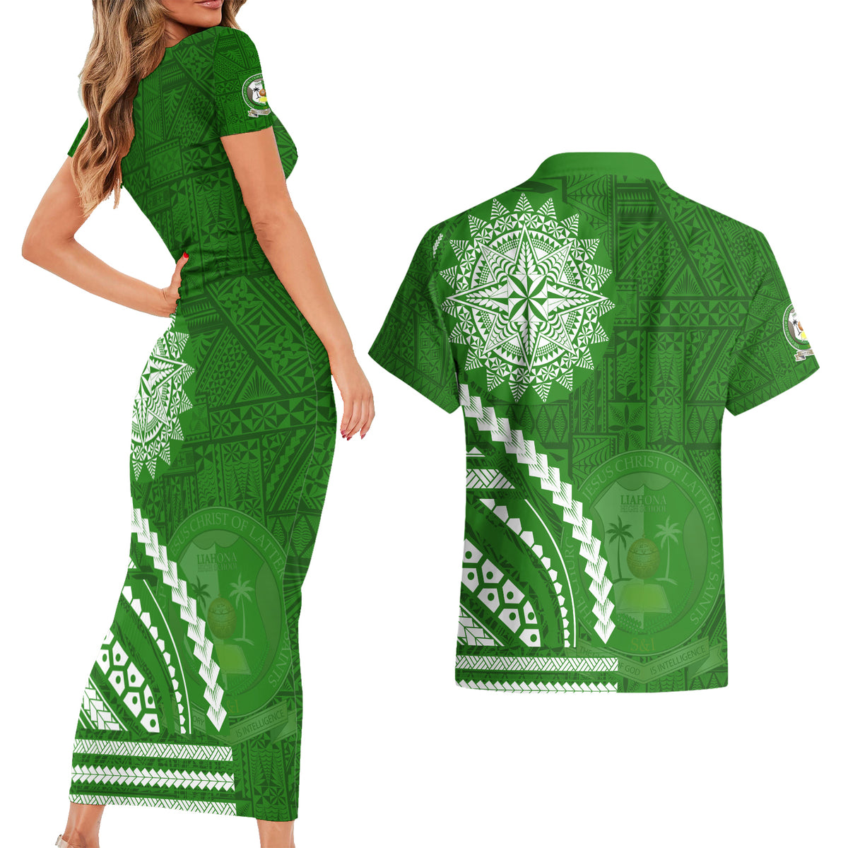 Liahona High School Couples Matching Short Sleeve Bodycon Dress and Hawaiian Shirt Ngatu and Polynesian Pattern LT03 - Polynesian Pride