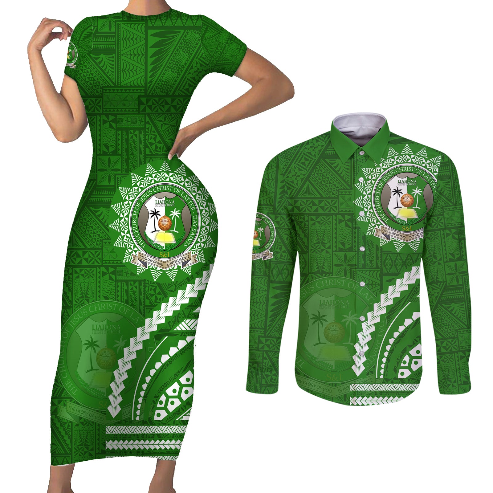 Liahona High School Couples Matching Short Sleeve Bodycon Dress and Long Sleeve Button Shirt Ngatu and Polynesian Pattern LT03 Green - Polynesian Pride