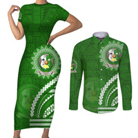 Liahona High School Couples Matching Short Sleeve Bodycon Dress and Long Sleeve Button Shirt Ngatu and Polynesian Pattern LT03 Green - Polynesian Pride